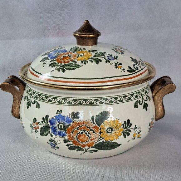 Vintage Asta Enamelware Floral Cookware With Brass Handles Germany with Lid . - Picture 7 of 7